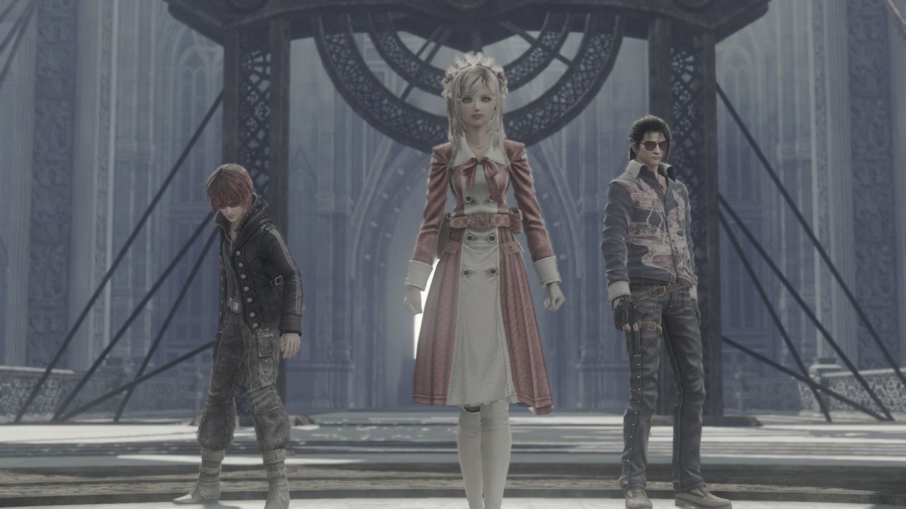 Official screenshot: three characters standing in an ornate room with tall columns