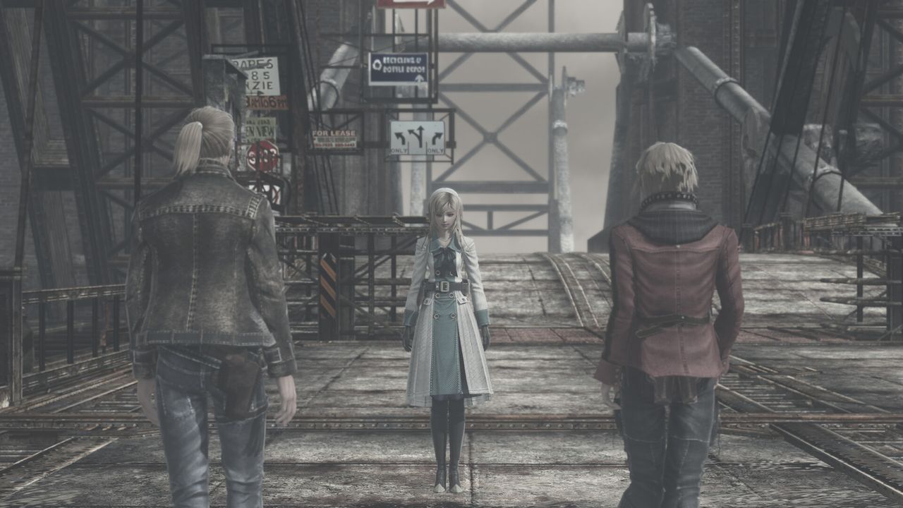 Official ENHANCED REMASTER screenshot: the three hunters on a rusted platform