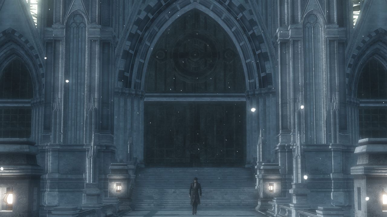 Official screenshot: a lone figure at the foot of a cathedral staircase