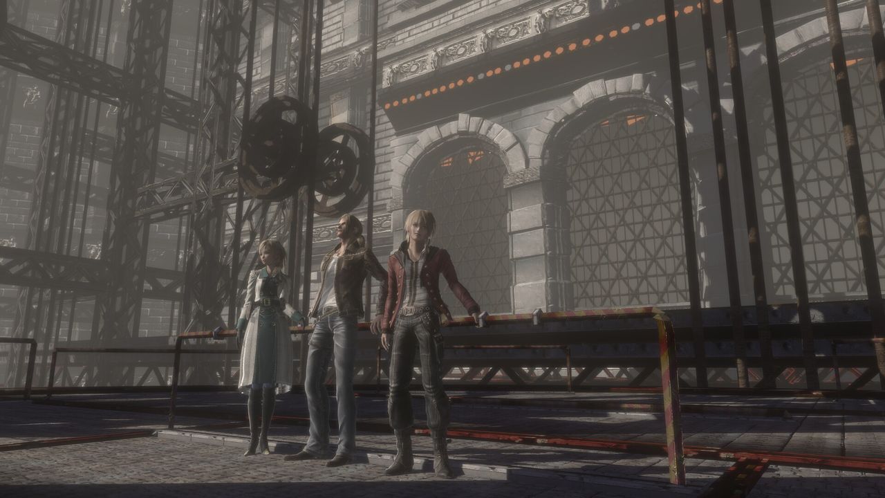 Official screenshot: three characters standing together inside a large industrial hall