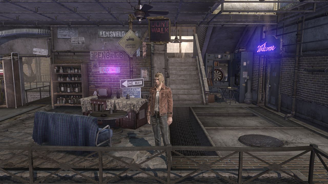 Official screenshot: an industrial room with a dartboard, a neon sign and tables