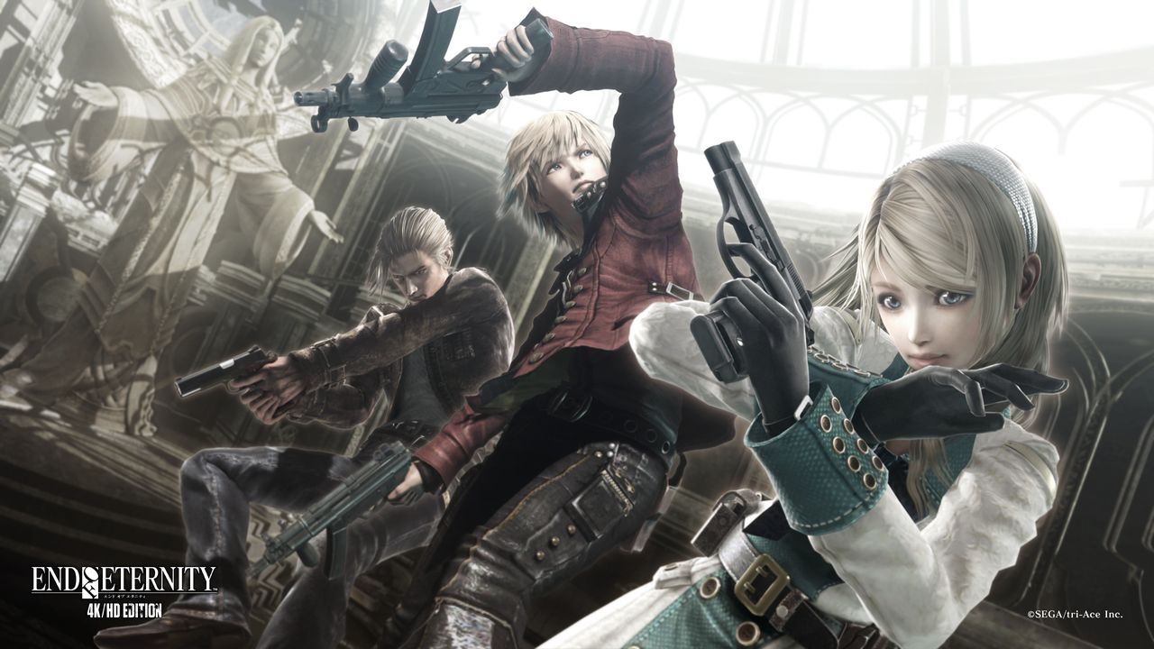 Official wallpaper art: three armed characters in front of a large mechanical structure