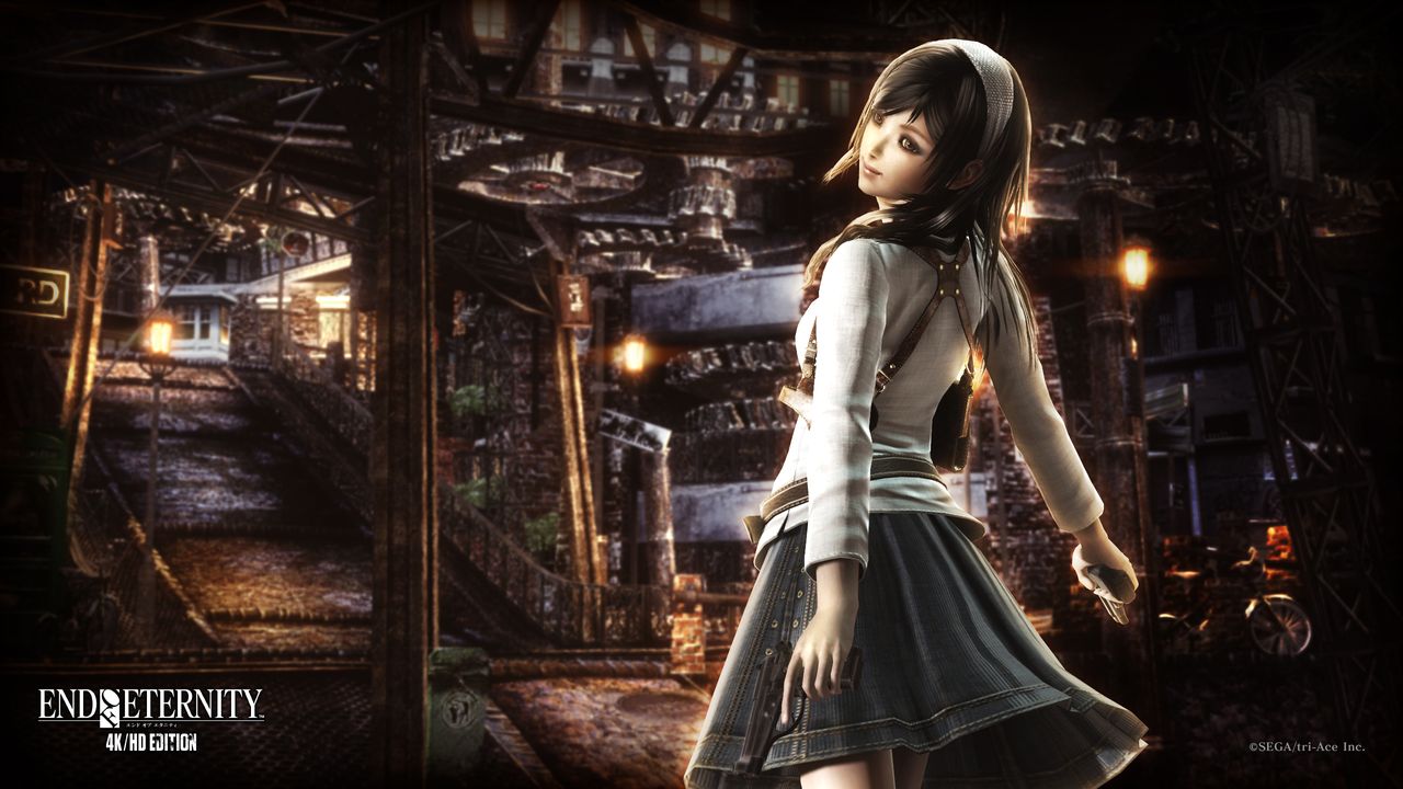 Official wallpaper art: a character standing in a steampunk interior with mechanical structures